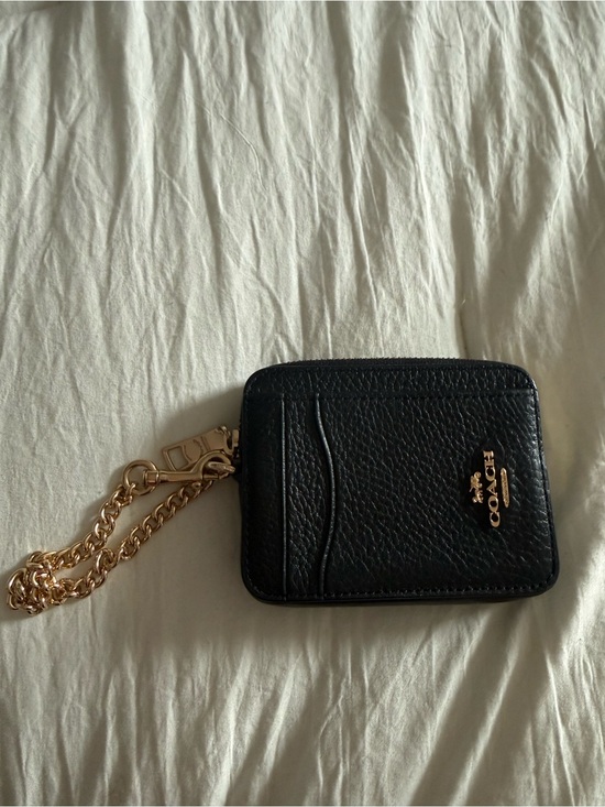 Coach Handbags - Coach Black Pebbled Leather Card Case with Gold Chain Accent